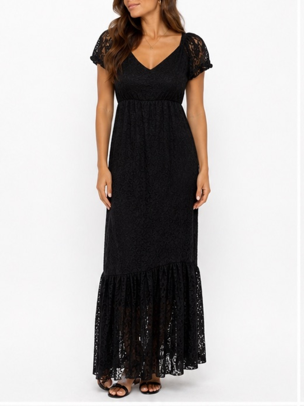 Black Lace Maxi Dress with Ruffle Hem - Women